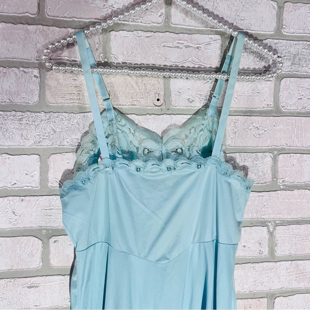 Vtg Heiress 1950s 1960s Turquoise Nylon Lace Trim Slip Dress Size 34 - Picture 13 of 16